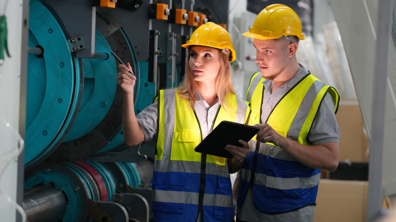 Two industrial engineers working in a factory