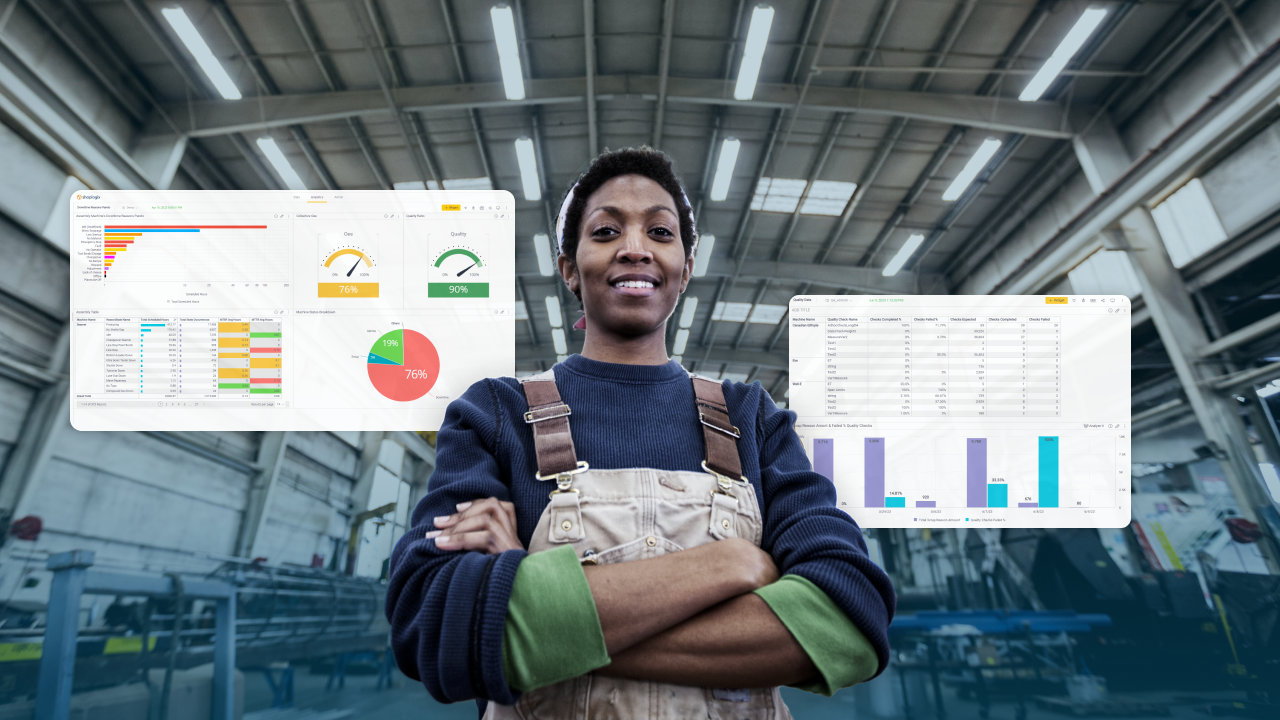 Feature image female black worker with Shoplogix dashboards in the back