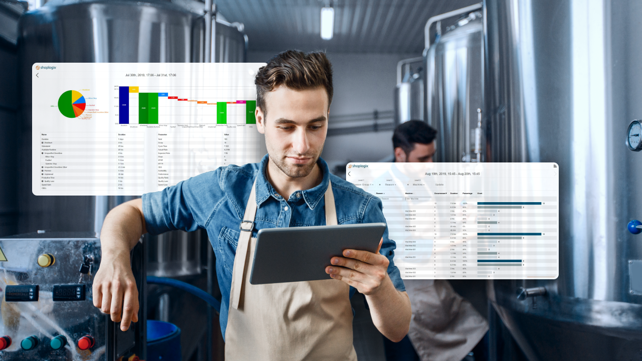 Image of a male worker studying data on a tablet, with two information dashboards displaying production monitoring graphics in the background.