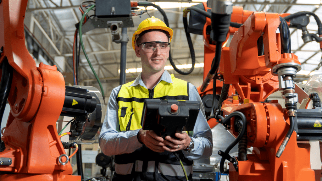 Male automation engineer using remote board for control robot arm welding machine in factory