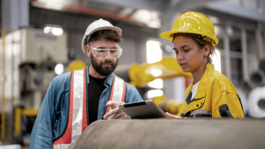 Two shop floor workers analyzing data on a tablet 