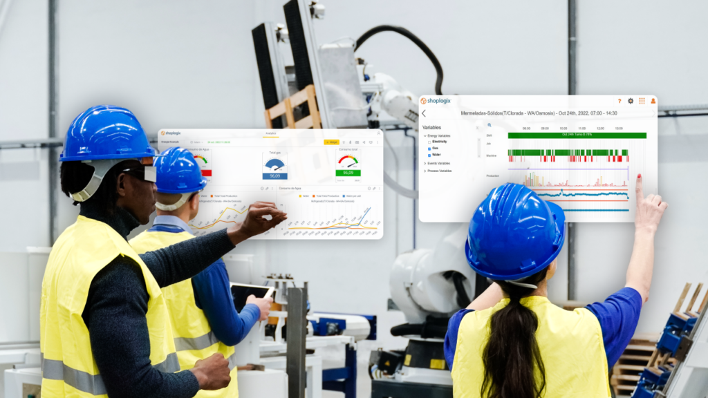 Workers in a factory experiencing wearing augmented reality devices