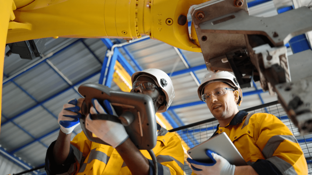 two machine operators with tablets