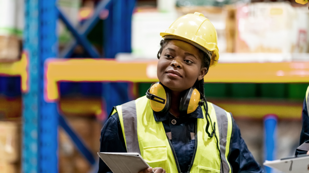 portrait female black shop floor worker with yellow hard helmet and yellow vest