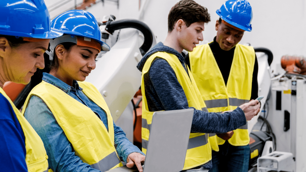 An image depicting four co-workers wearing safety vests and helmets, looking at a tablet on a shop floor surrounded by heavy machinery.