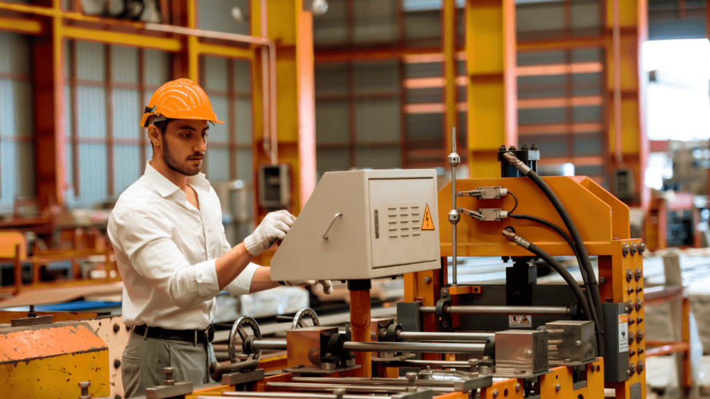 Factory worker foreman working at an industrial worksite, wearing a hard hat for safety.