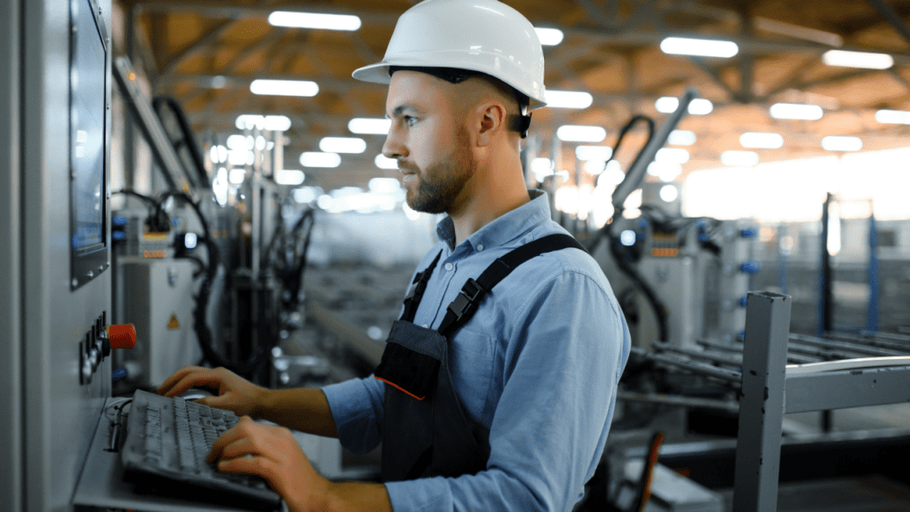 Portrait of factory worker in protective uniform and hardhat standing by industrial machine at production line.