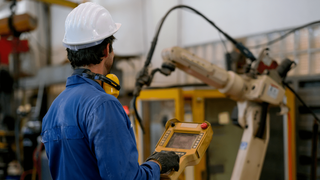 Back of blue uniform technician or worker man control and check the robot working in factory - continuous improvement
