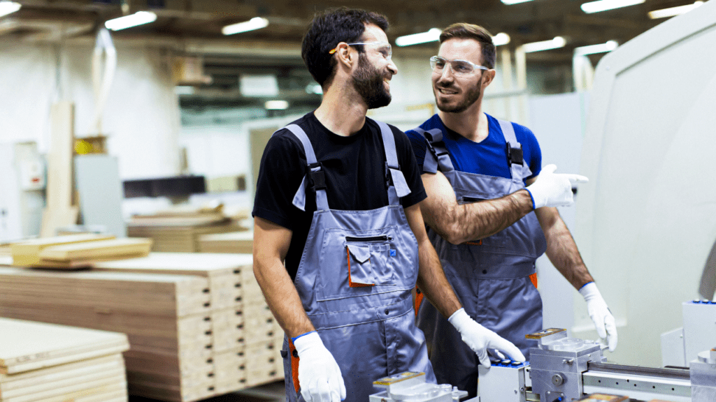 custom manufacturing blog post with two shop floor workers talking to each other