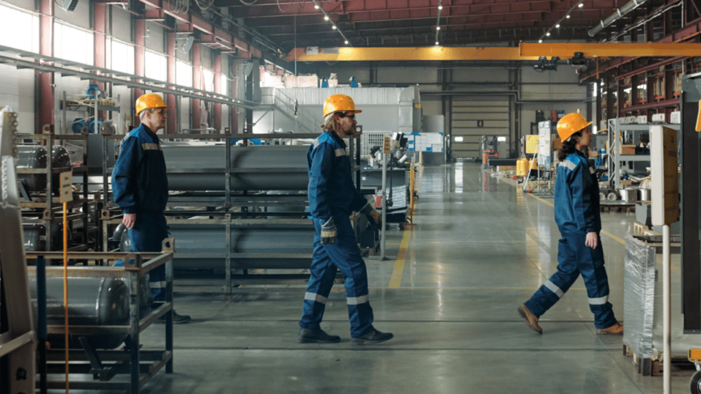 Side view of three engineers of modern factory or industrial plant moving forwards