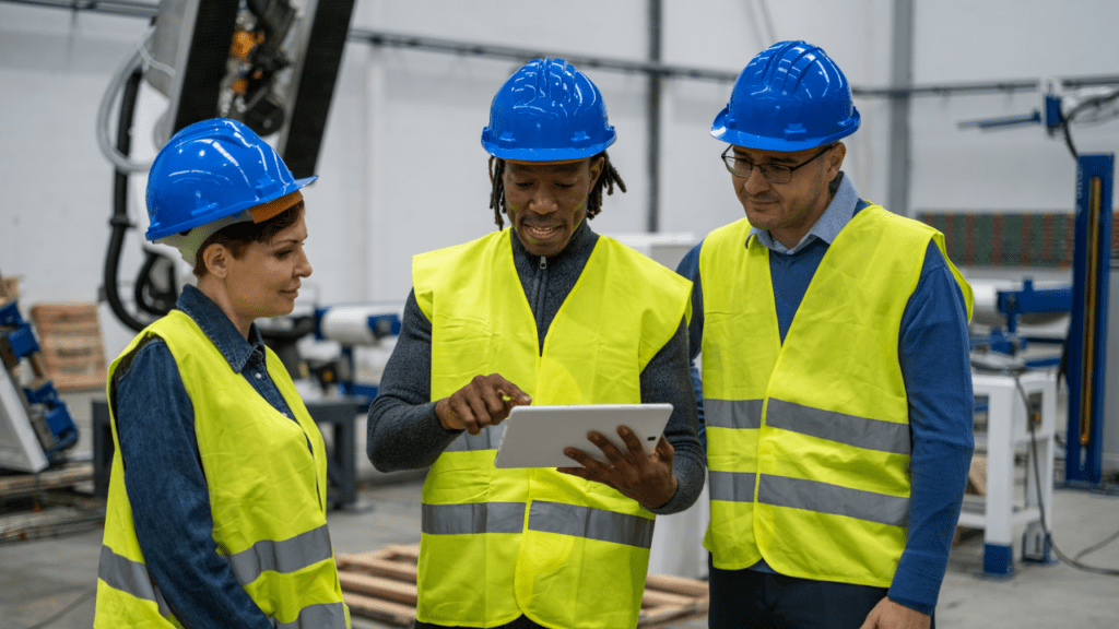 Three coworkers interacting to improve the operation of the factory