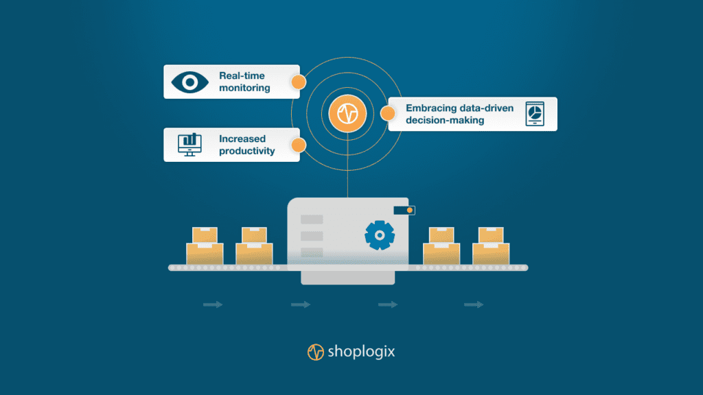 Infographic highlighting the benefits of implementing OEE, real-time monitoring, embracing data-driven decision making, increased productivity